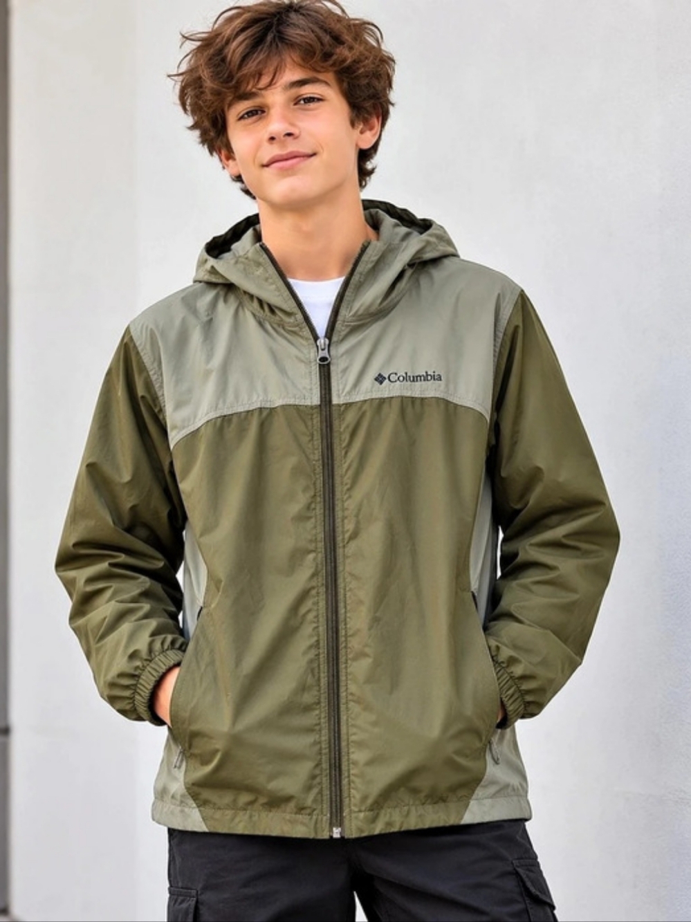 Columbia Boys 14-16 Olive Green Colorblock Hooded Windbreaker Jacket